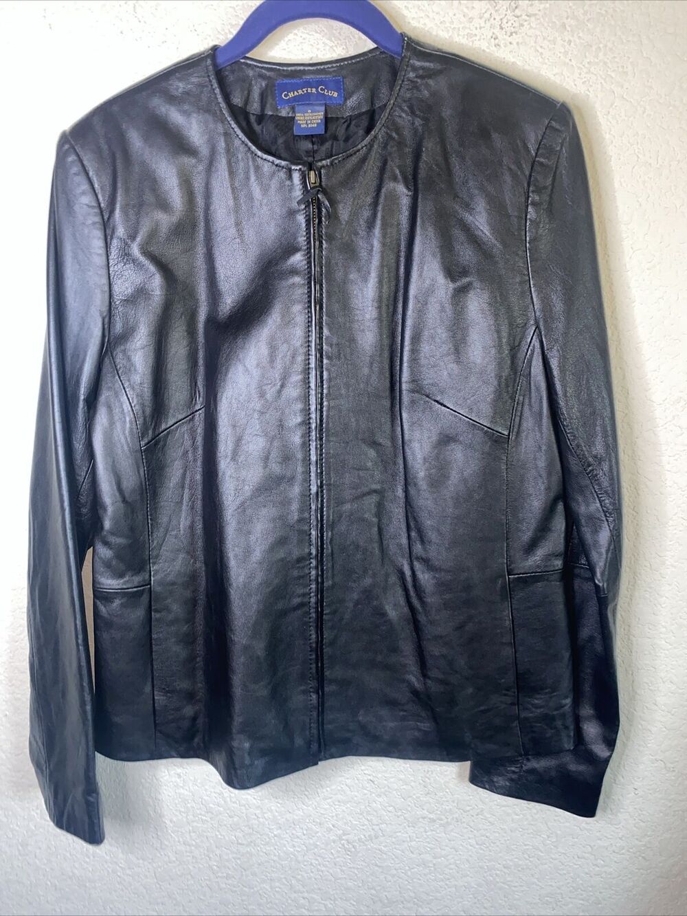 Charter Club Leather jacket coat Smooth Lined Full Zip evening Career Biker 8
